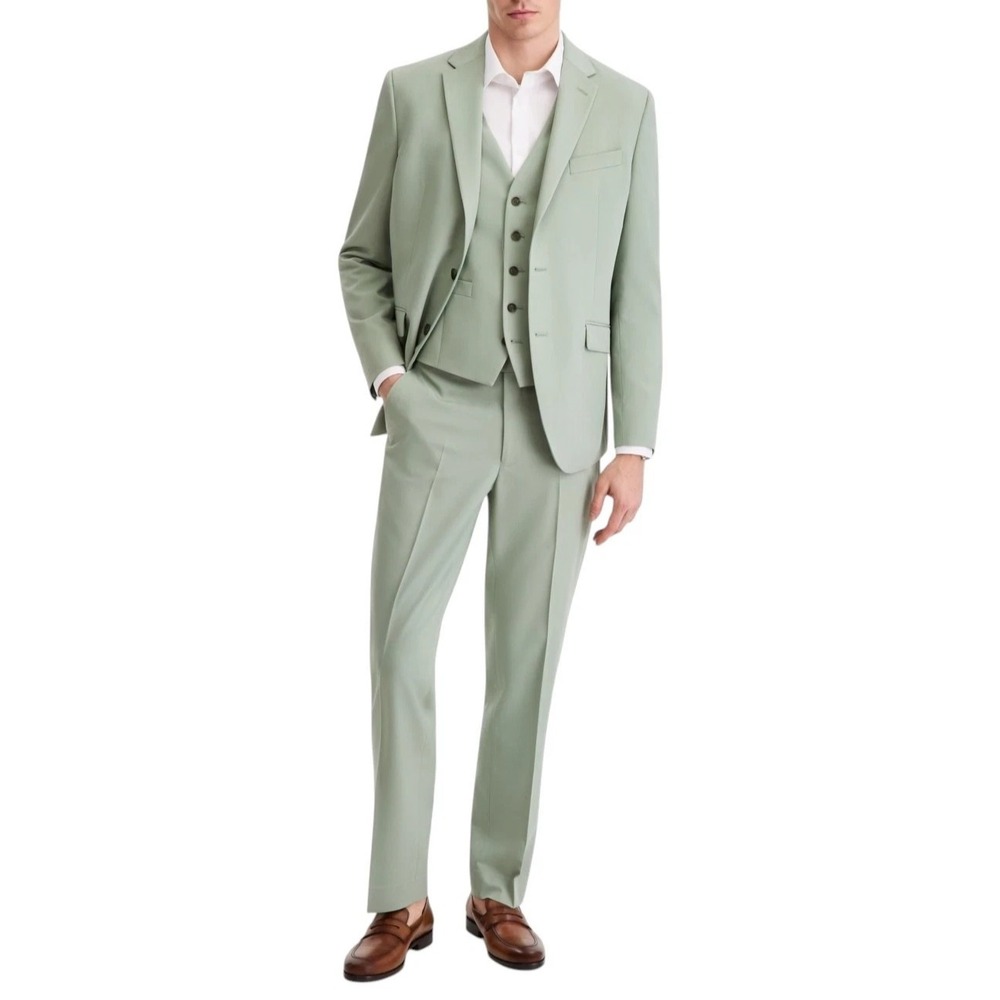 Kenneth Cole Mens Slim fit 3 Piece Vested Suit 38RS Pants 31W 32L Green Solid